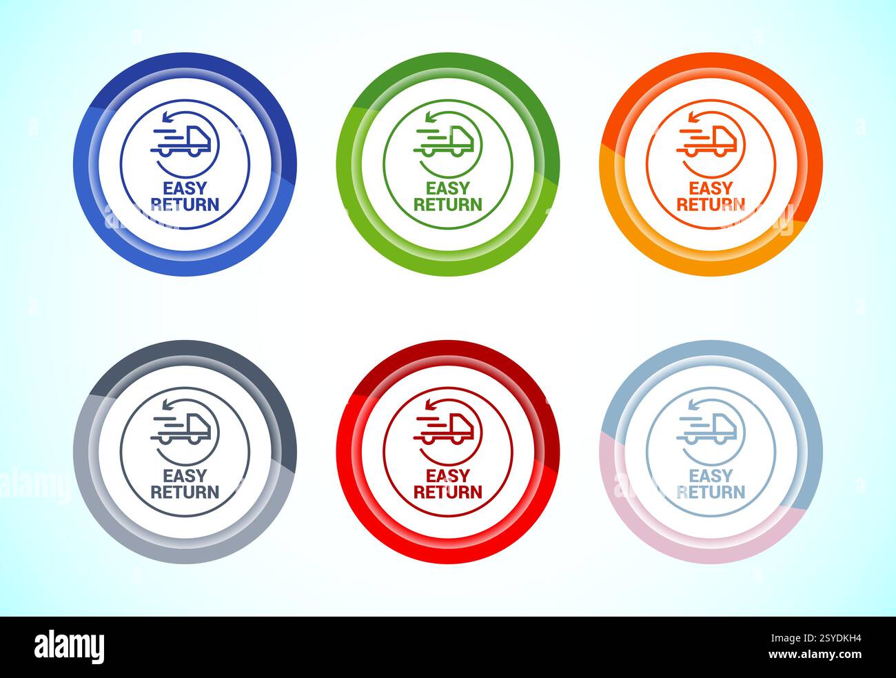 Easy return icon design illustration, Easy return label for product packaging. 6 color button design set Stock Vector