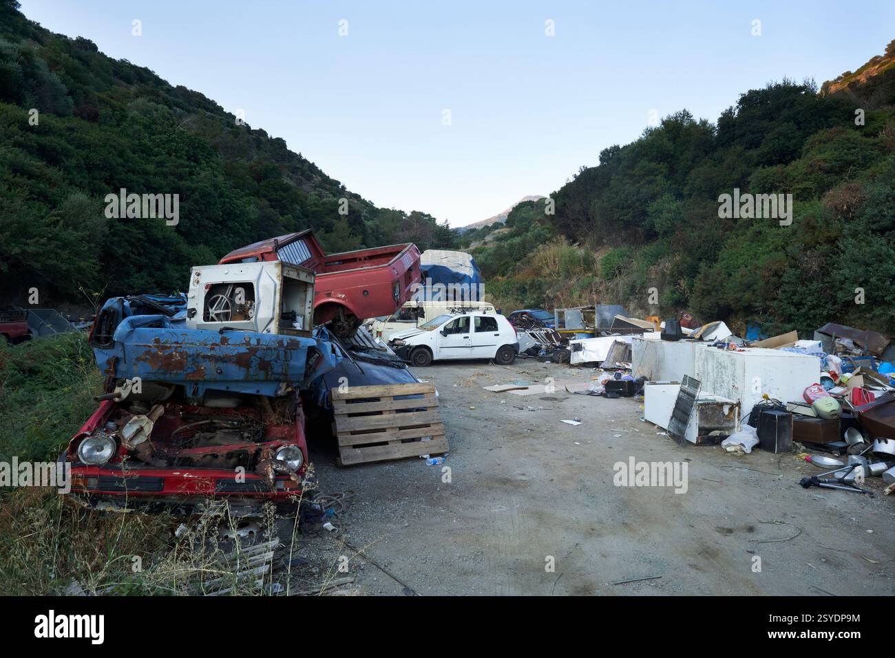 Scrap cars on a Greek island. Stock Photo