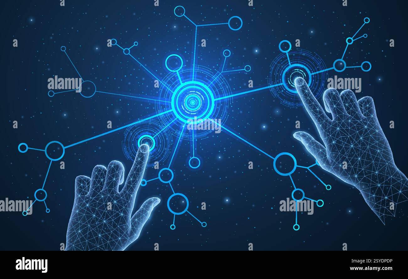 Hands on the blue digital background. Technology digital, future information. Stock Vector
