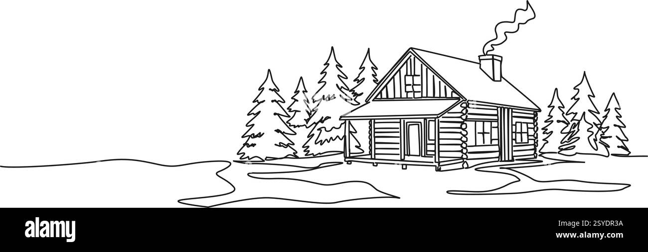 continuous single line drawing of a log cabin in the woods, line art ...