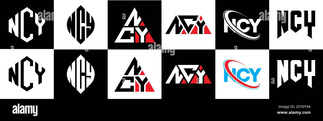 NCY letter logo design in six style. NCY polygon, circle, triangle, hexagon, flat and simple style with black and white color variation letter logo se Stock Vector