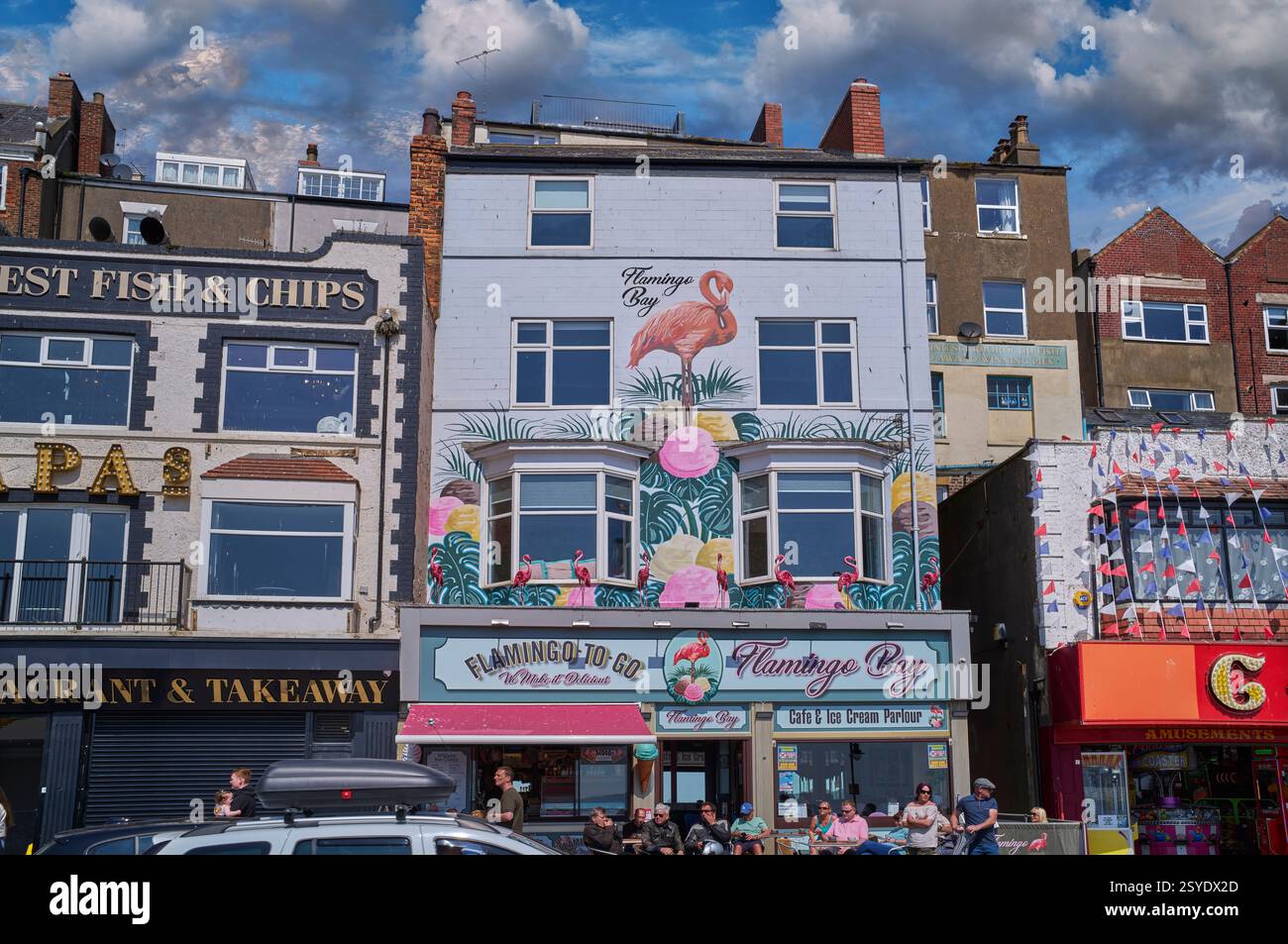 The flamingo a colourful Scarborough seaside resort traditional seafront restaurant cafes, North Yorkshire, England, UK. Stock Photo