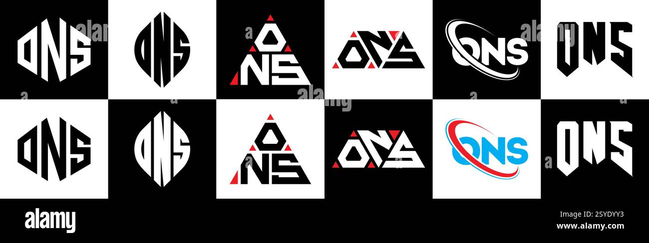ONS letter logo design in six style. ONS polygon, circle, triangle, hexagon, flat and simple style with black and white color variation letter logo se Stock Vector