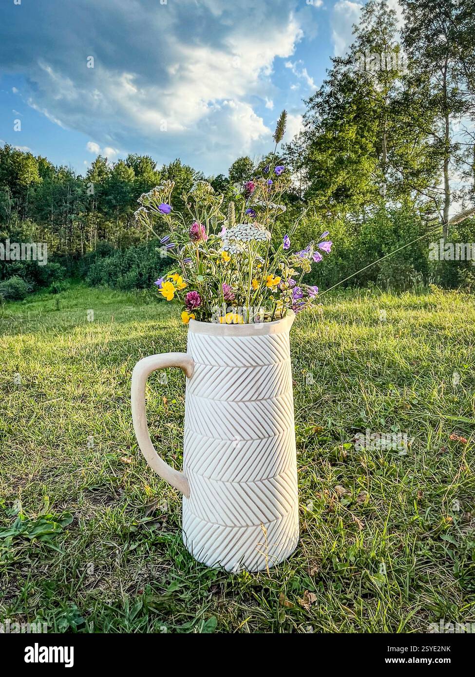 A white ceramic pitcher filled with colorful wildflowers placed in a grassy field with trees in the background. A natural and rustic outdoor scene. - Smartphone Captured Stock Image