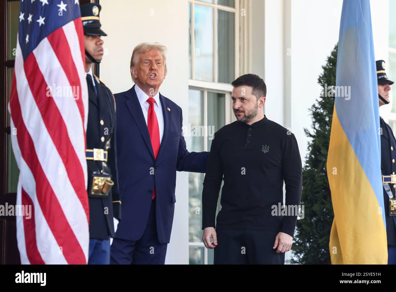 US President Donald Trump (L) greets Ukrainian President Volodymyr ...