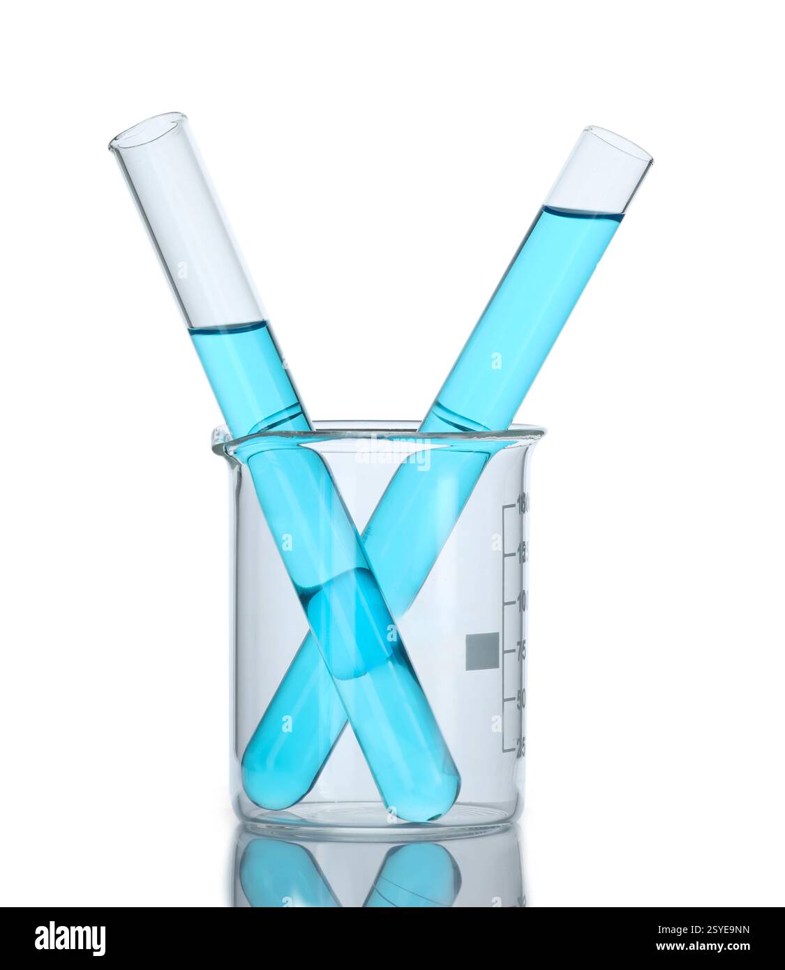 Test tubes with blue liquid isolated on white Stock Photo - Alamy
