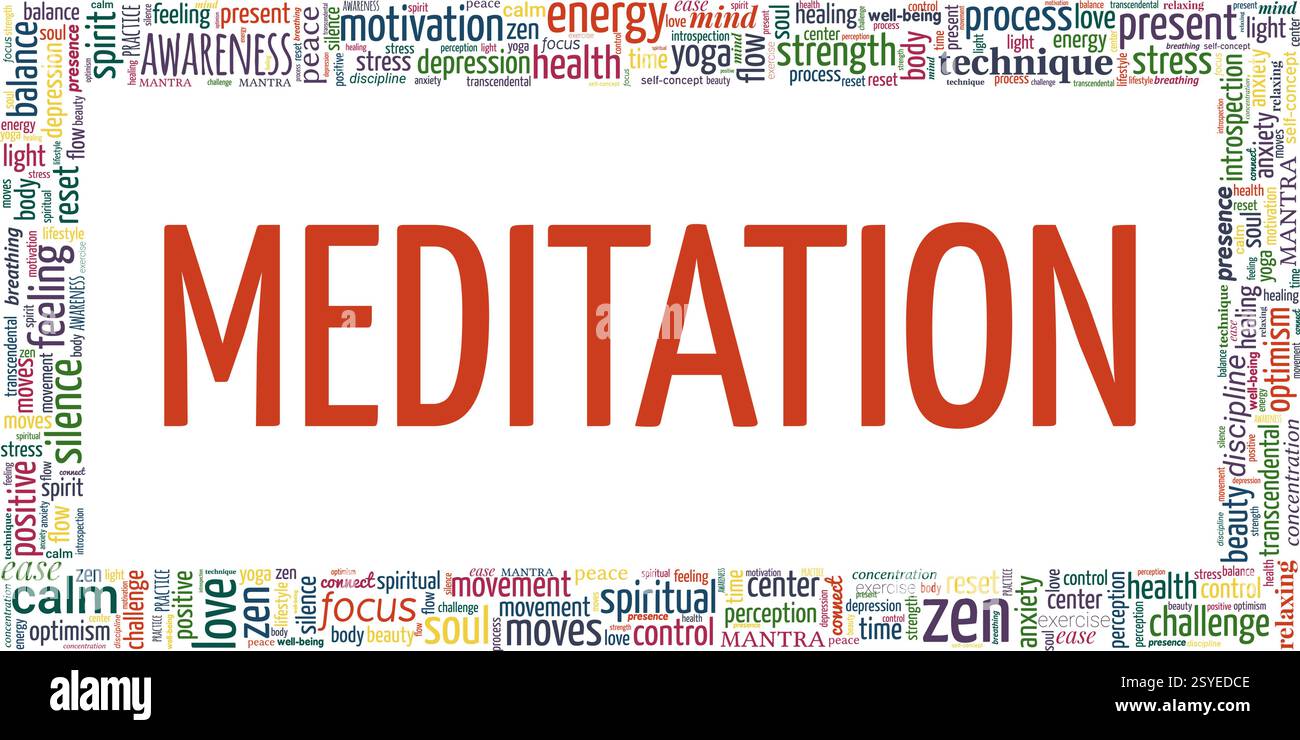 Meditation vector illustration word cloud isolated on a white background. Stock Vector