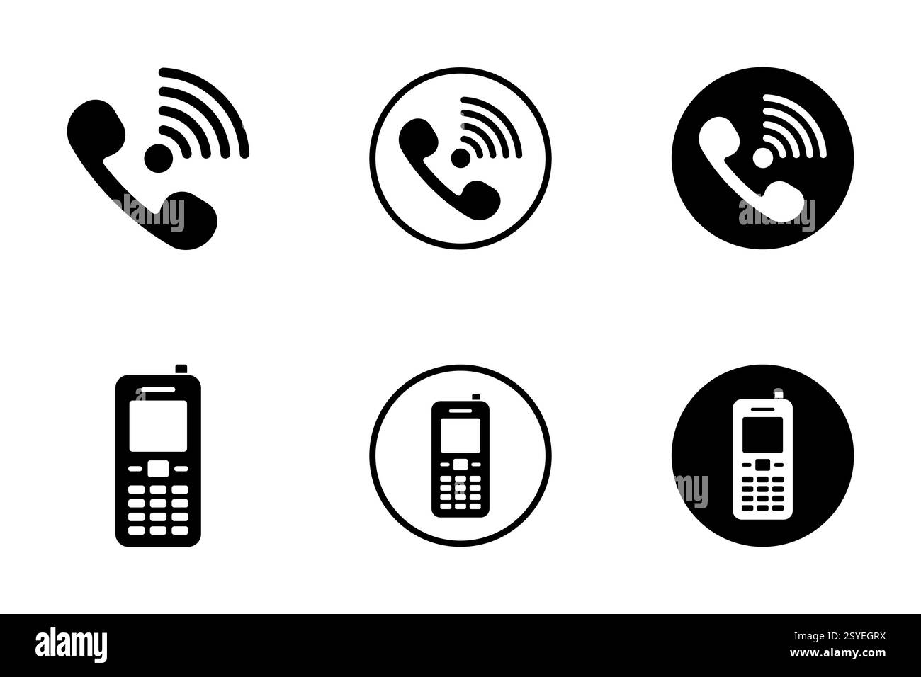 This set features various simple phone icons, including a wireless phone call icon in a circular frame and a standard phone icon. Stock Vector
