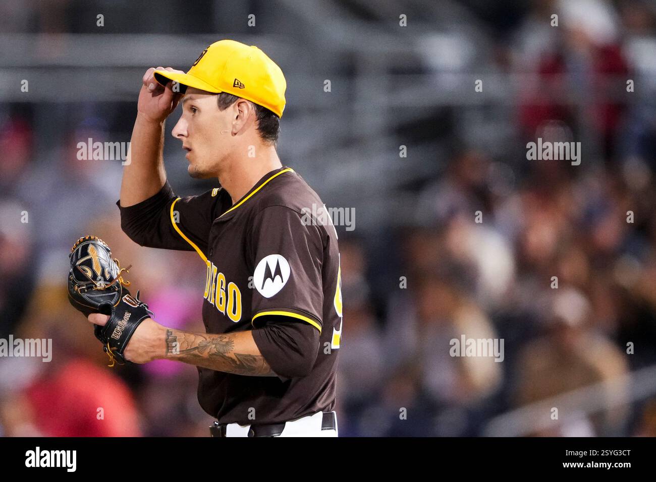 San Diego Padres starting pitcher Braden Nett looks on after striking ...