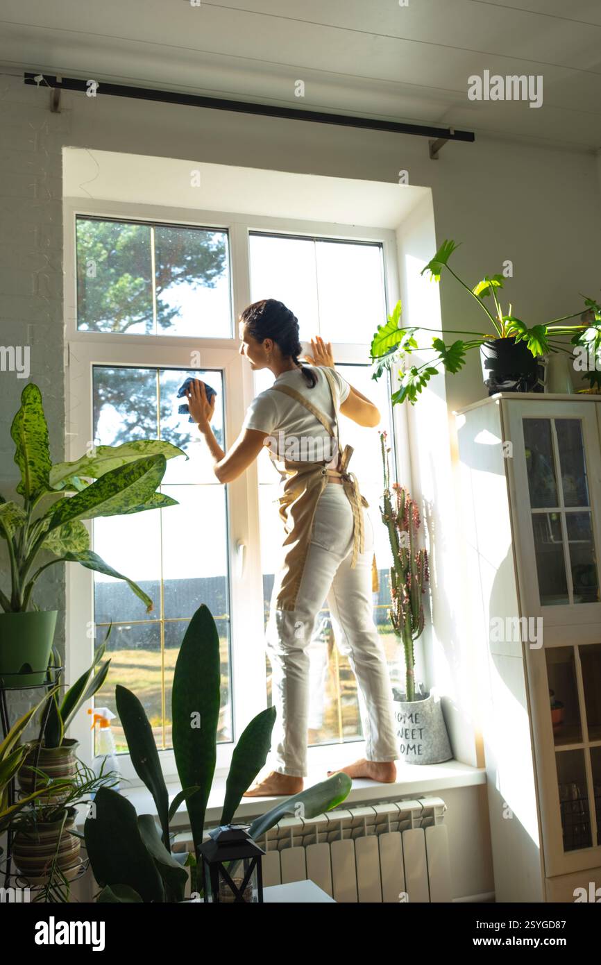 Woman in apron manually washes the window of house with rag cleaner and ...