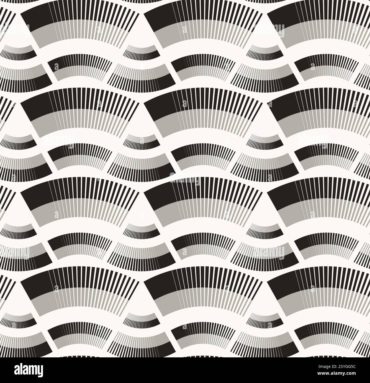 Black grey line complex fan seamless pattern on white background. Symmetric wavy pattern. Stock Vector