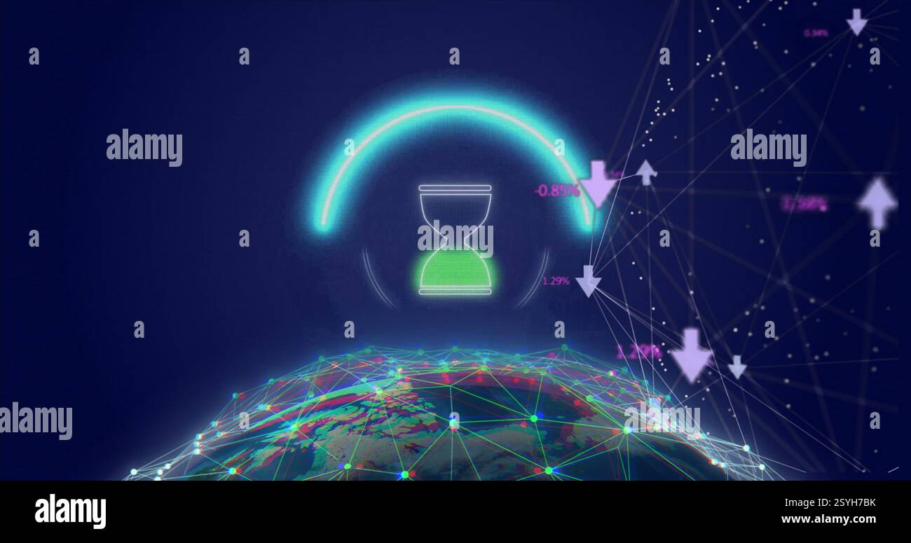 Image of hourglass icon over data processing and globe Stock Photo