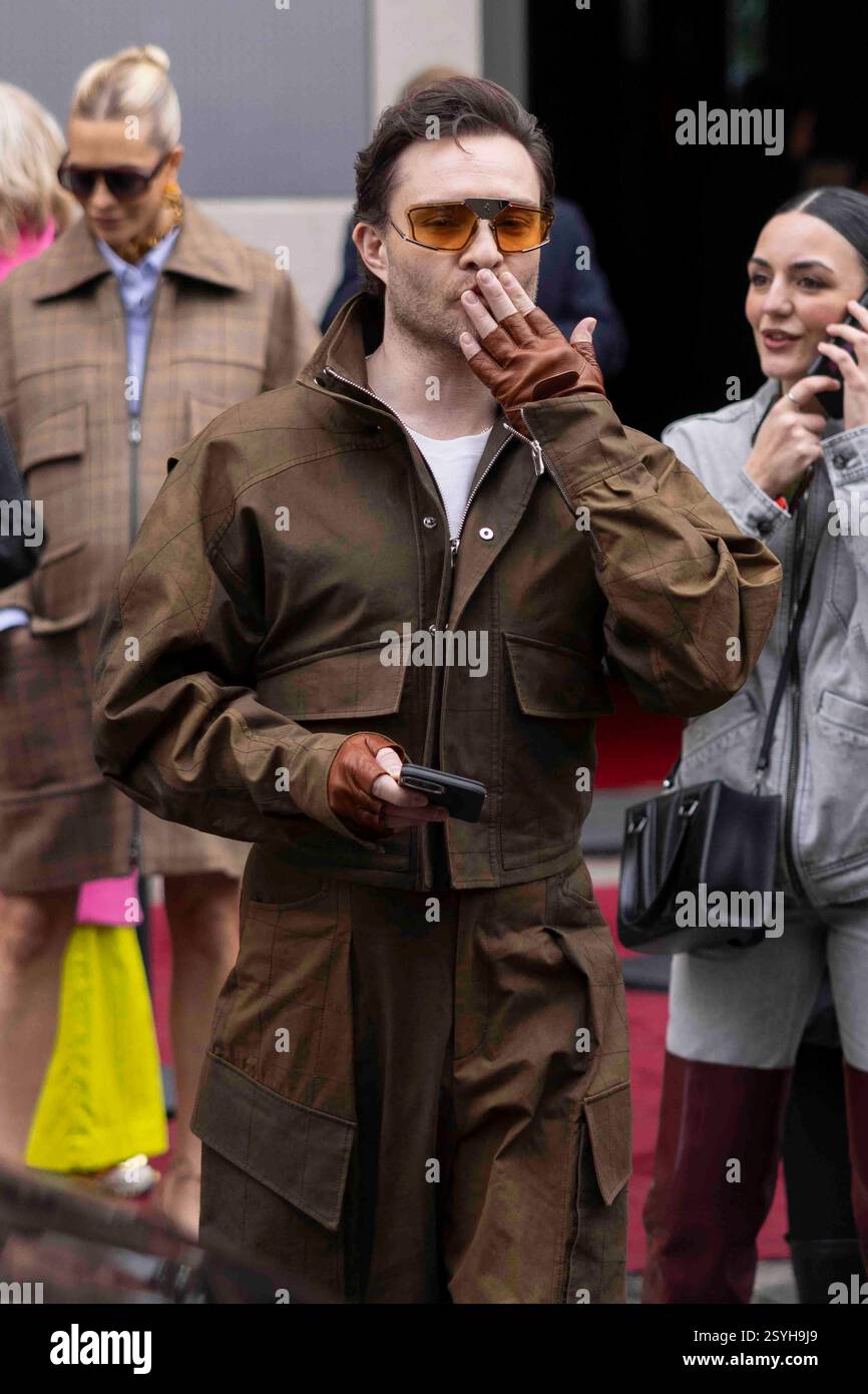 Milan, Italy. 01st Mar, 2025. Ed Westwick arrives to Ferrari's fashion