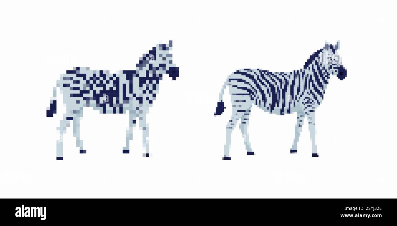 Pixel art zebra transformation from simple blocks to detailed stripes ...