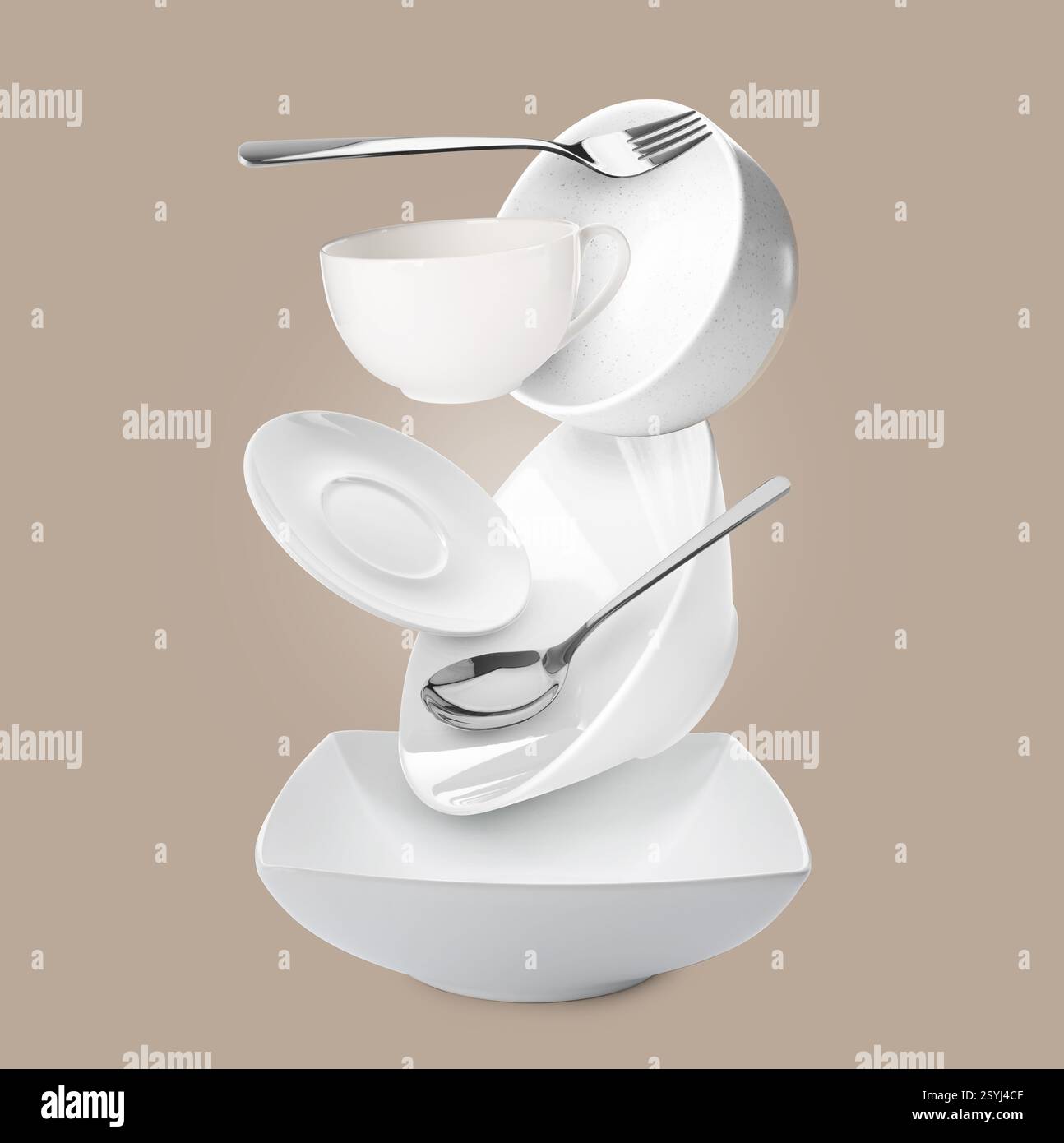 Clean dishware and silverware flying over bowl on grey beige background Stock Photo