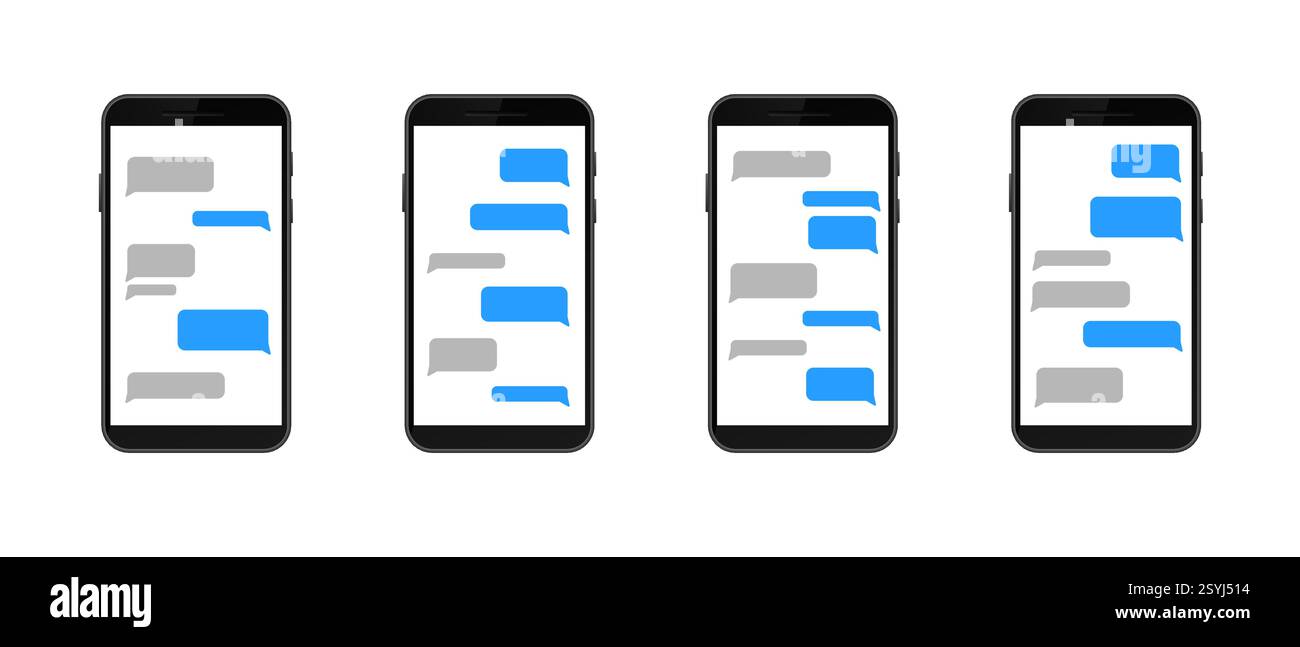 Smartphones displaying interactive text messages on different screens in a row Stock Vector