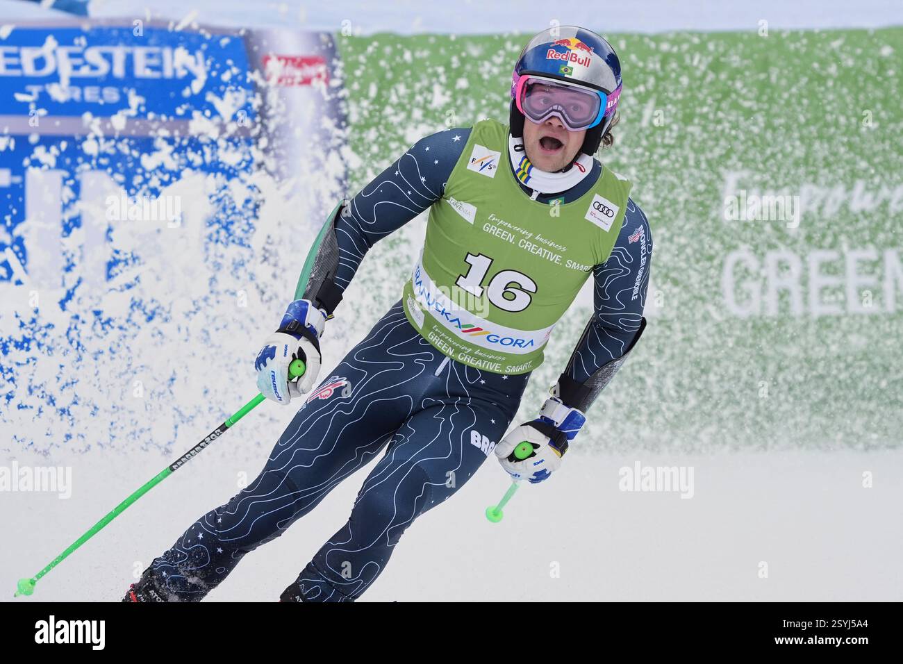 Brazil's Lucas Pinheiro Braathen checks his time at the finish area of ...