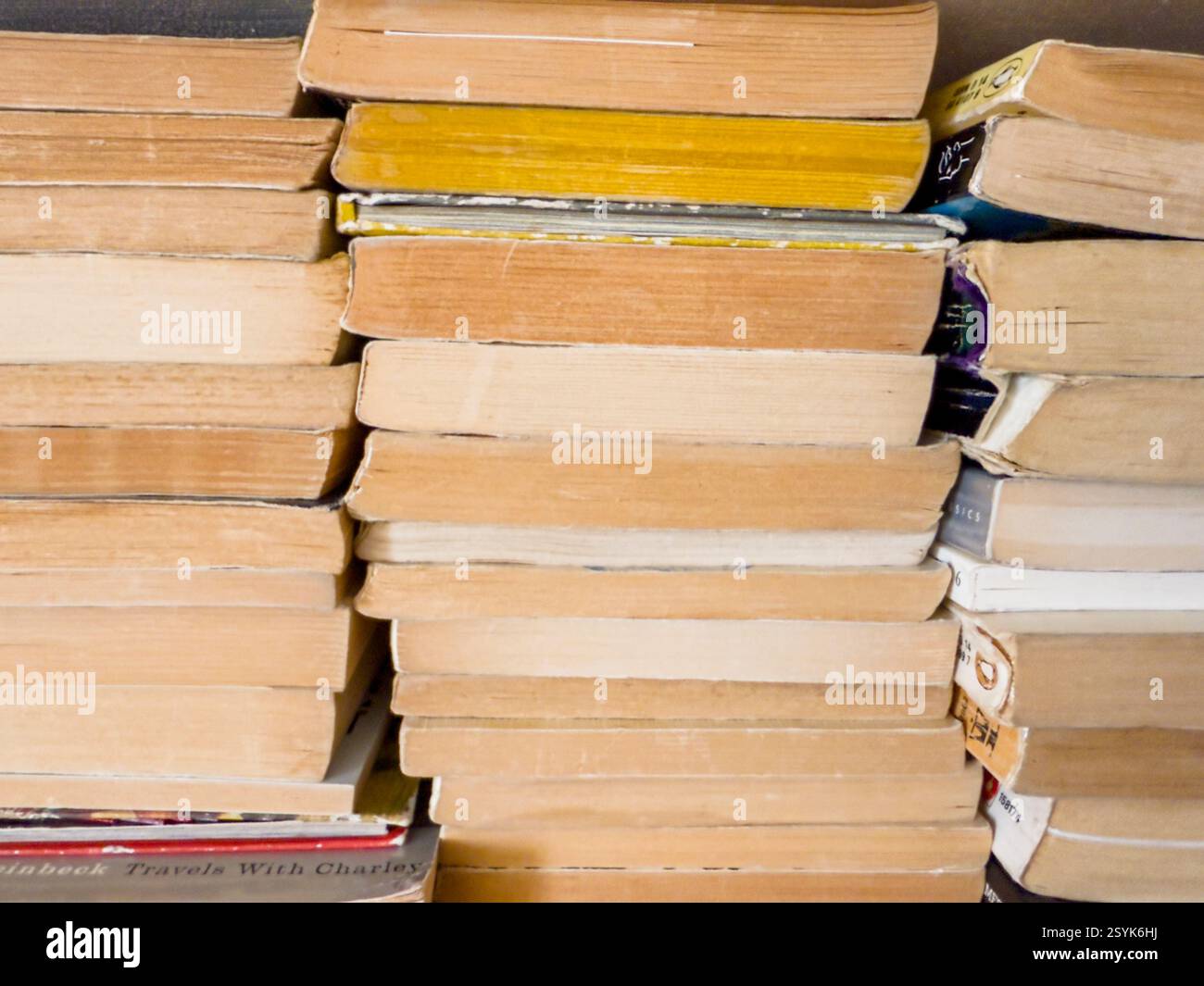Three rows of well-worn paperback books sit stacked on a sturdy wooden shelf: Phillip Roberts - Smartphone Captured Stock Image