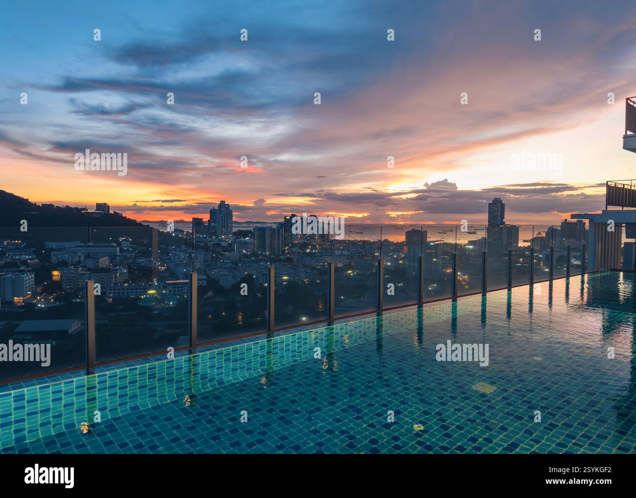 Stunning sunset view over a city skyline from a rooftop pool during ...