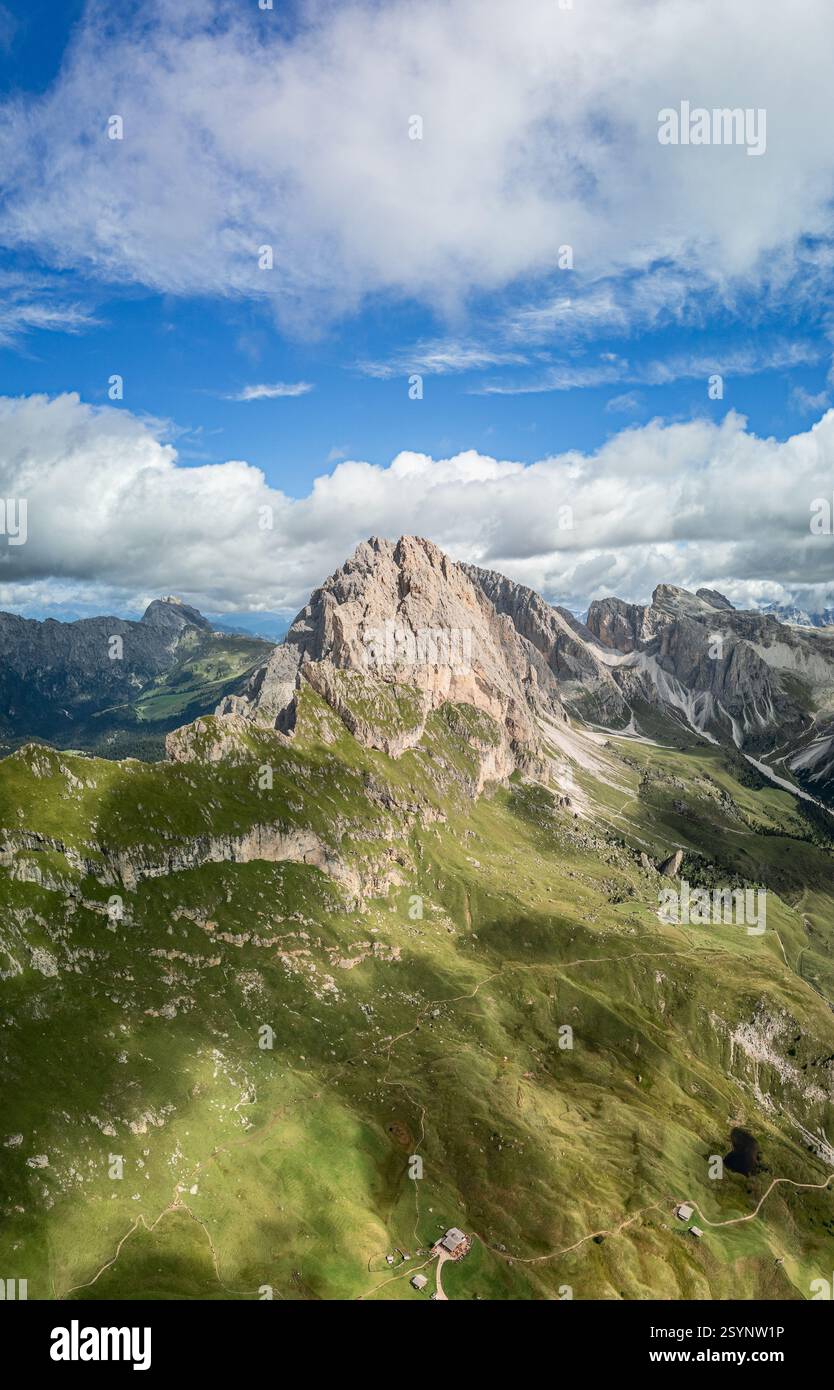 Drone vertical panorama of Seceda Ridge in Italy Dolomites. The ...