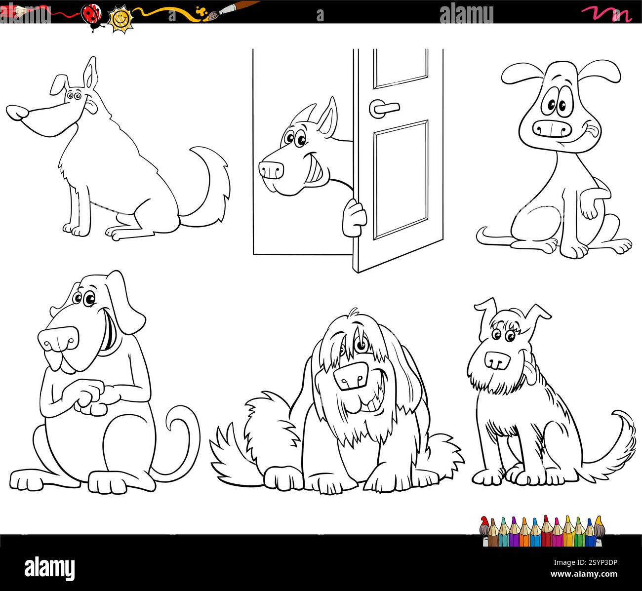 Cartoon illustration of funny dogs animal characters set coloring page ...