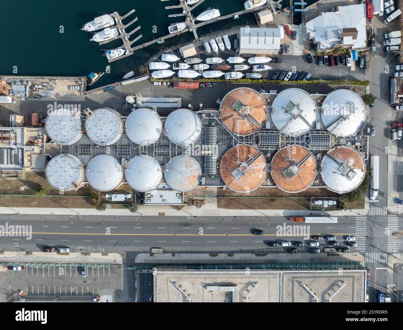 Aerial view of modern water cleaning facility at urban wastewater ...