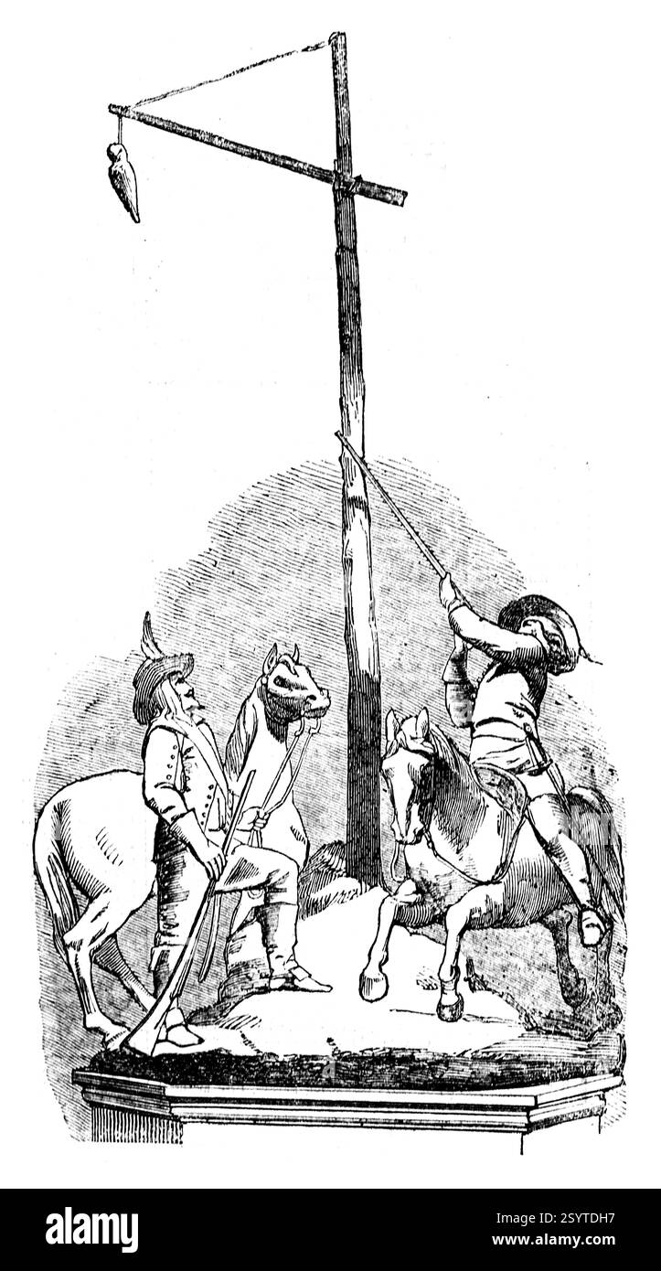 Two men competing to shoot down a 'popinjay' target while on horseback, London Illustrated News, 2 Aug 1856, Vol 29 (814) Stock Photo