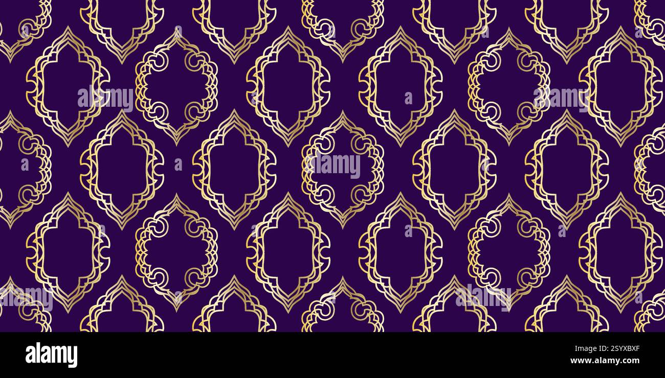 Mashrabiya print. Arabic window and islamic doors frame shape seamless pattern. Oriental architecture elements. Stock Vector