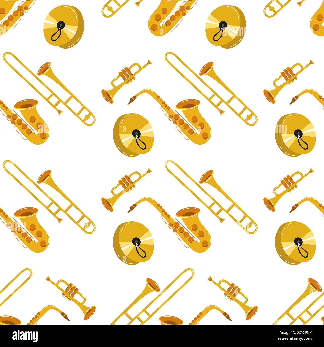 Musical instruments pattern featuring brass and woodwind instruments on white background Stock Vector