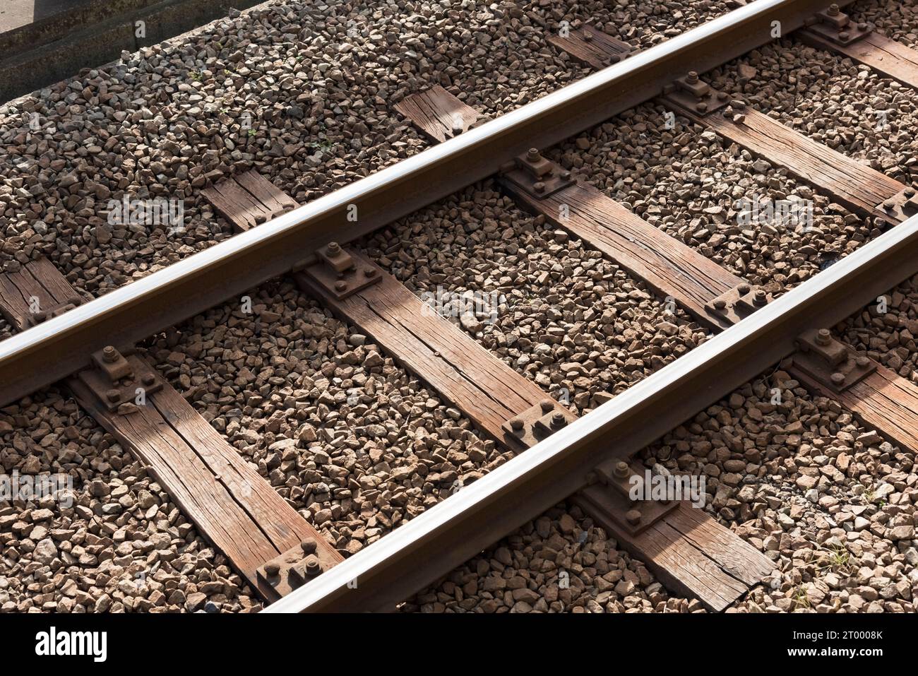 Railway or railroad block track structure, Train railway iron, closeup