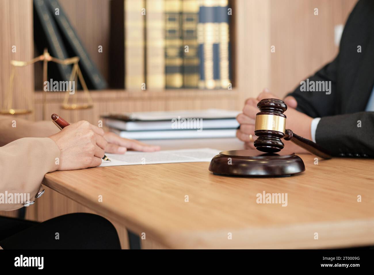 Female lawyer handshake with client. Business partnership meeting successful concept. Stock Photo
