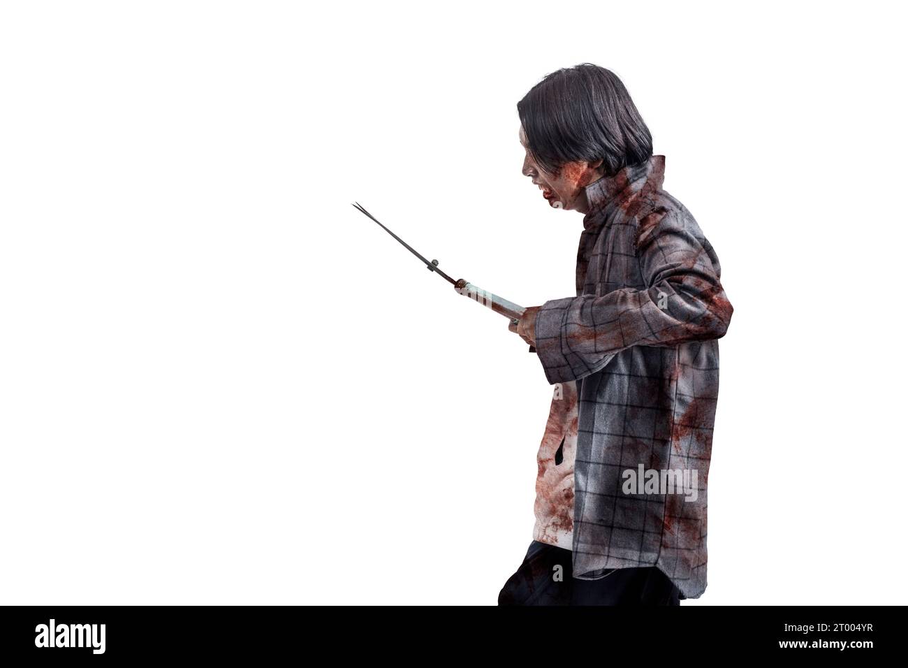 A scary zombie with blood and wounds on his body walking while carrying a grass cutter isolated over a white background Stock Photo