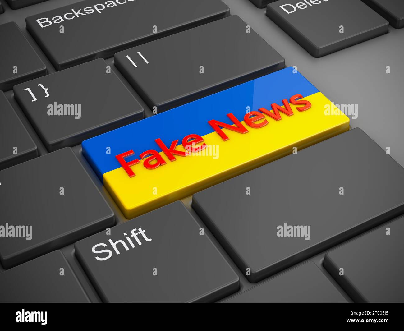A button on the keyboard with the Ukrainian flag and the inscription Fake News. 3D rendering. Stock Photo