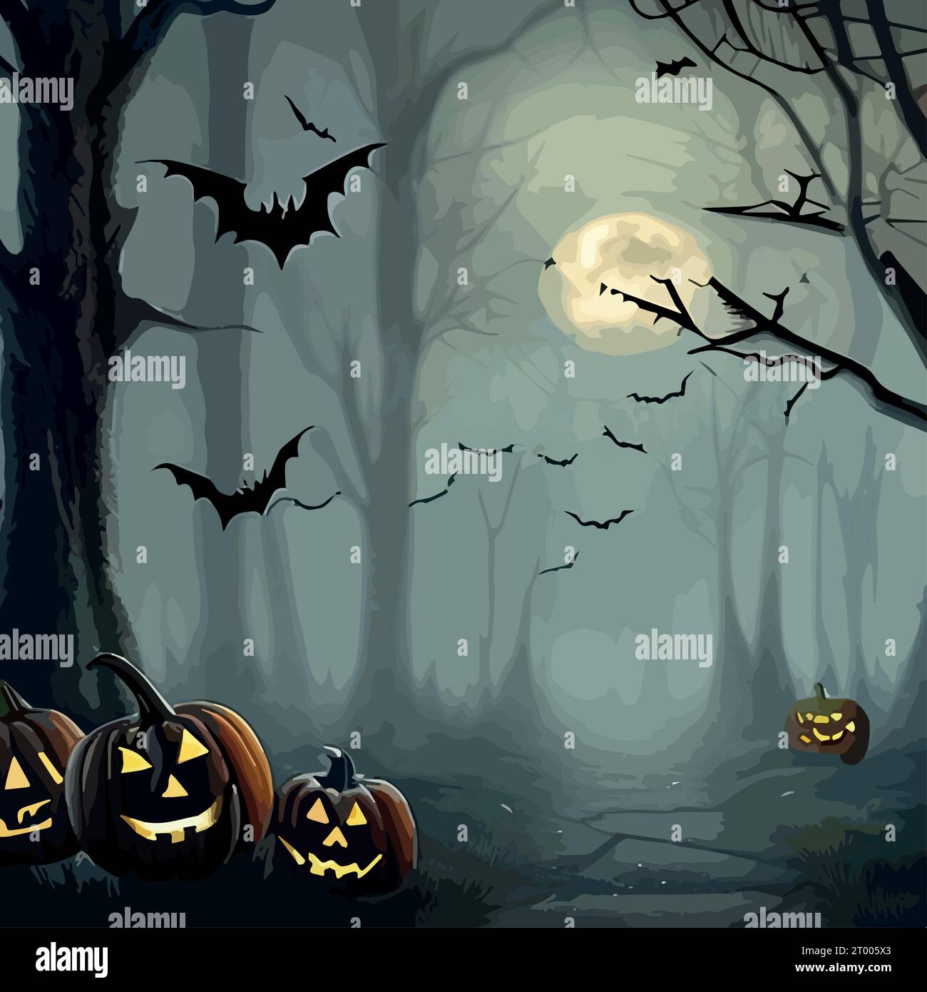 Dark forest Halloween background with bats, trees. Halloween purple, violet template. Vector illustration. Stock Vector