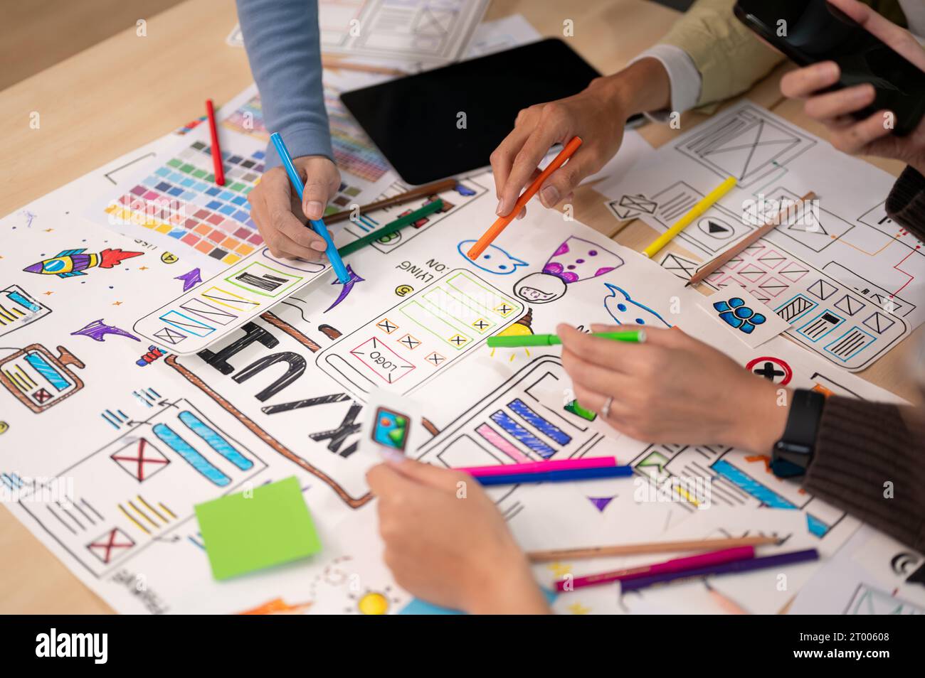 Close up view of young professional UX UI designer discussion on their ...