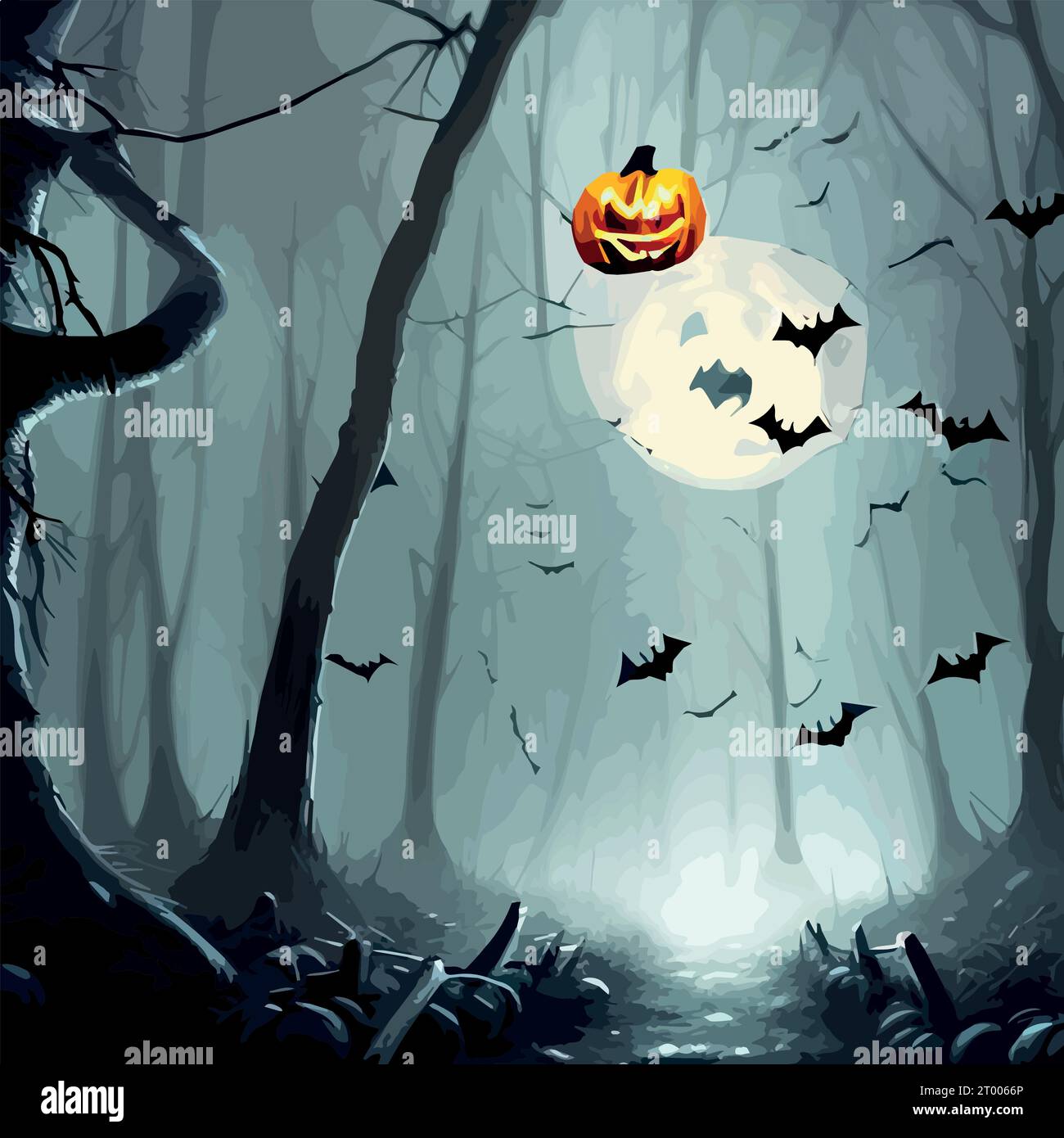 Dark forest Halloween background with bats, trees. Halloween purple ...