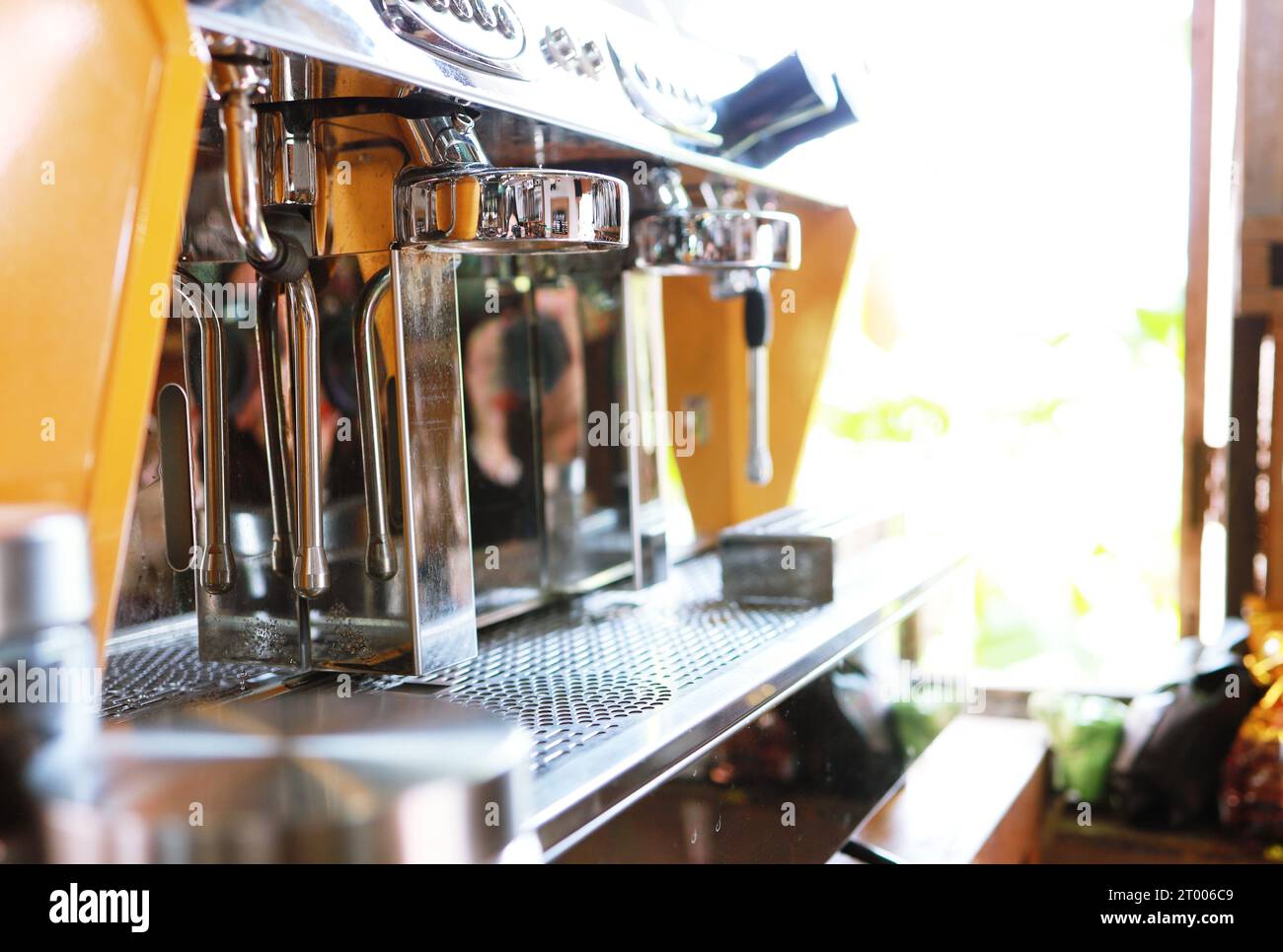 Coffee machine, cafe shop. Espresso preparation, professional equipment  background, takeaway service Stock Photo - Alamy