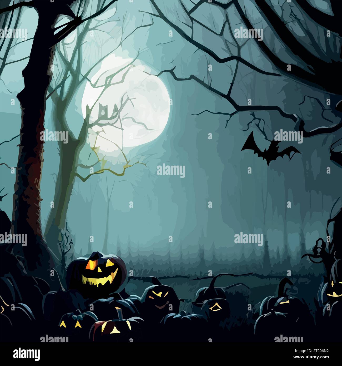 Dark forest Halloween background with bats, trees. Halloween purple ...
