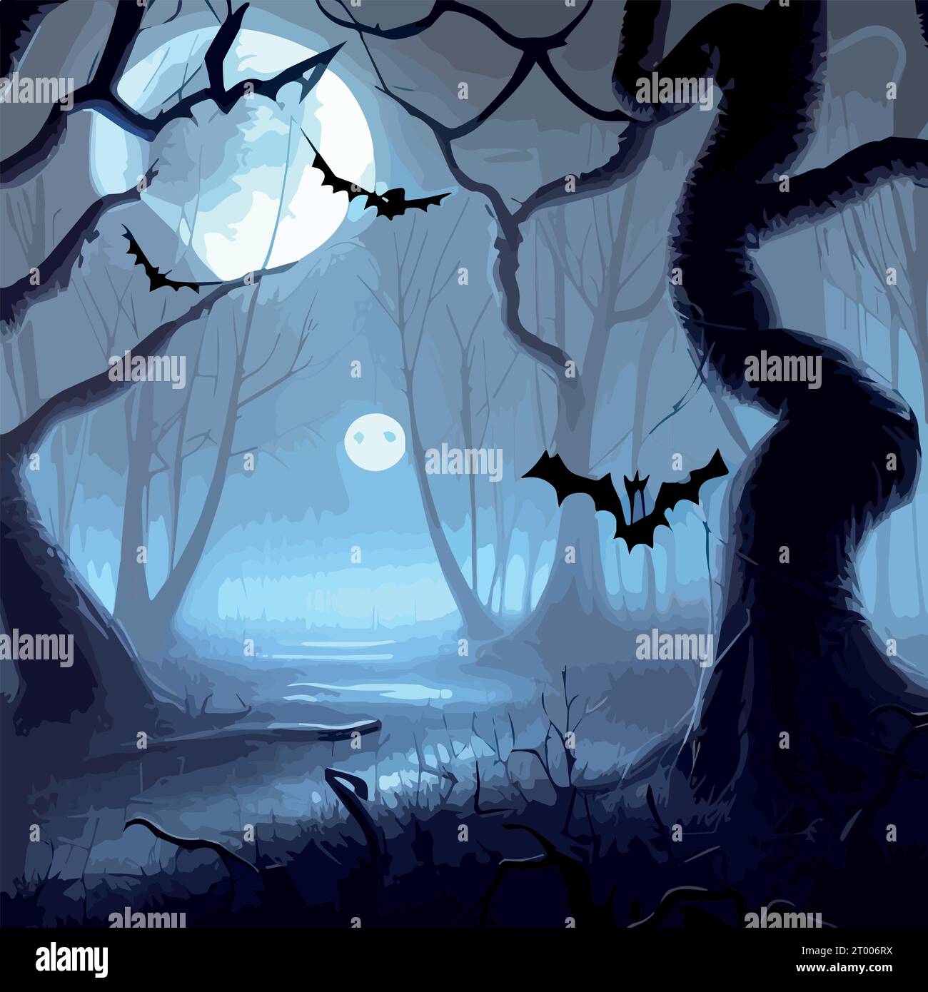 Dark forest Halloween background with bats, trees. Halloween purple ...