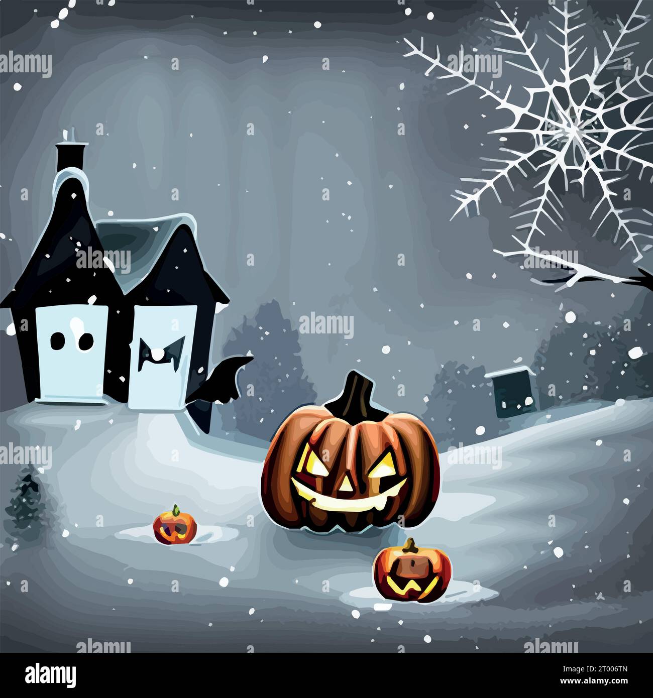 Halloween carved pumpkins and bats in the snowy forest vector ...