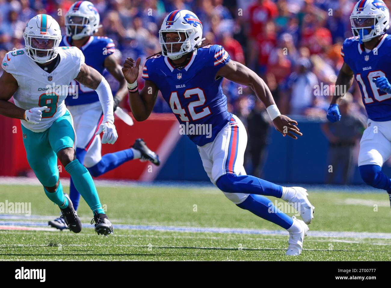 Buffalo Bills linebacker Dorian Williams (42) in action during an NFL pre- season football game against the Indianapolis Colts, Saturday, Aug. 12,  2023, in Orchard Park, N.Y. (AP Photo/Gary McCullough Stock Photo - Alamy