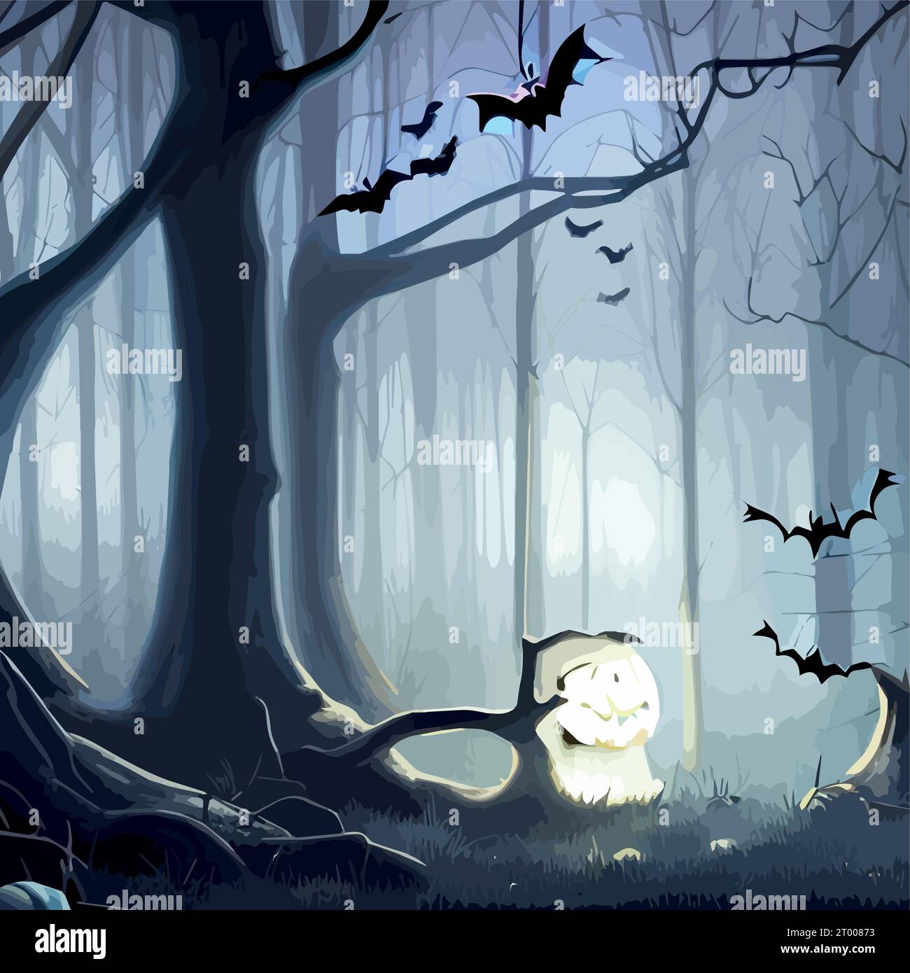 Dark forest Halloween background with bats, trees. Halloween purple ...