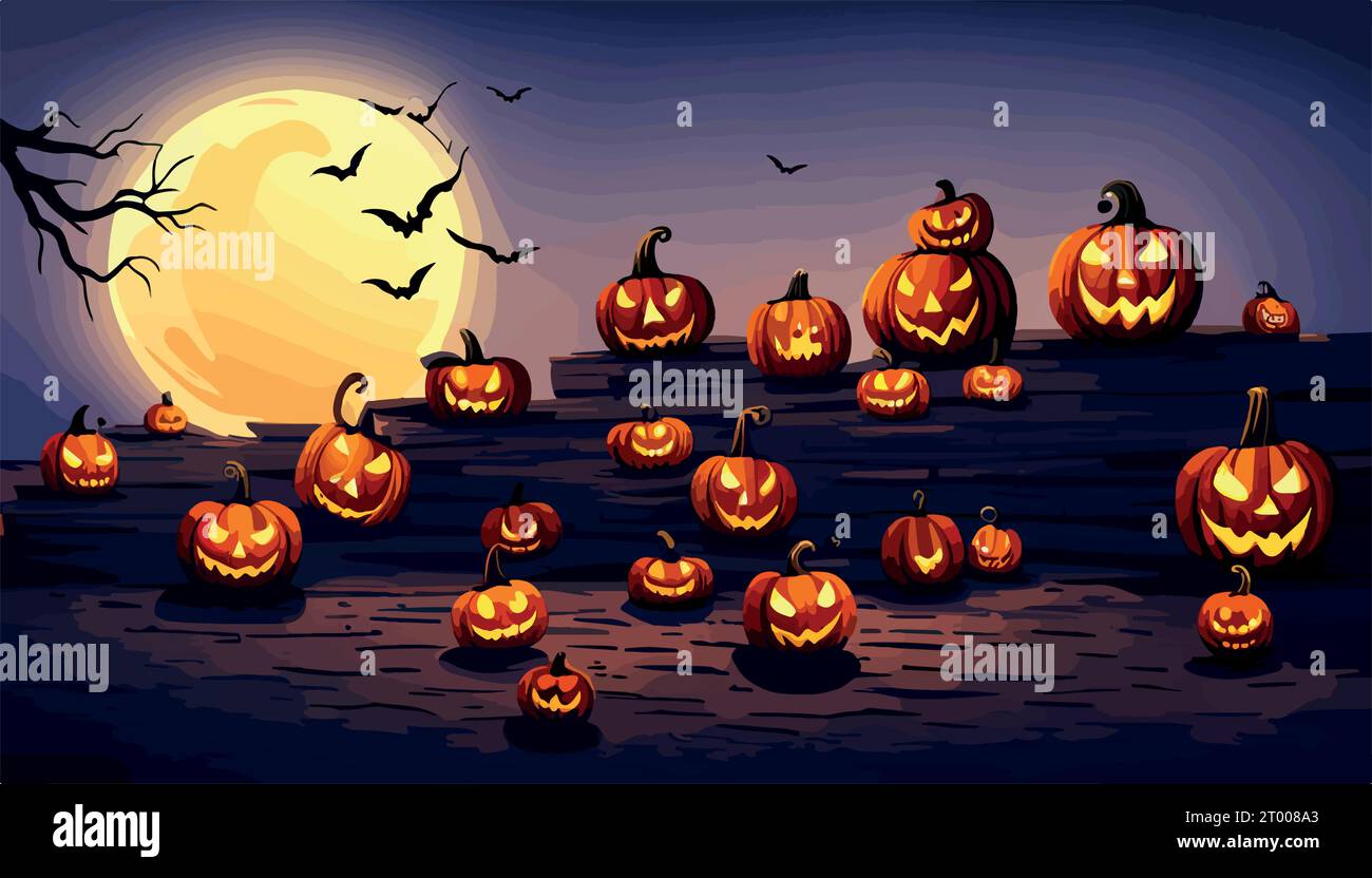 Halloween pumpkin patch in the moonlight. Jack O Lantern party ...