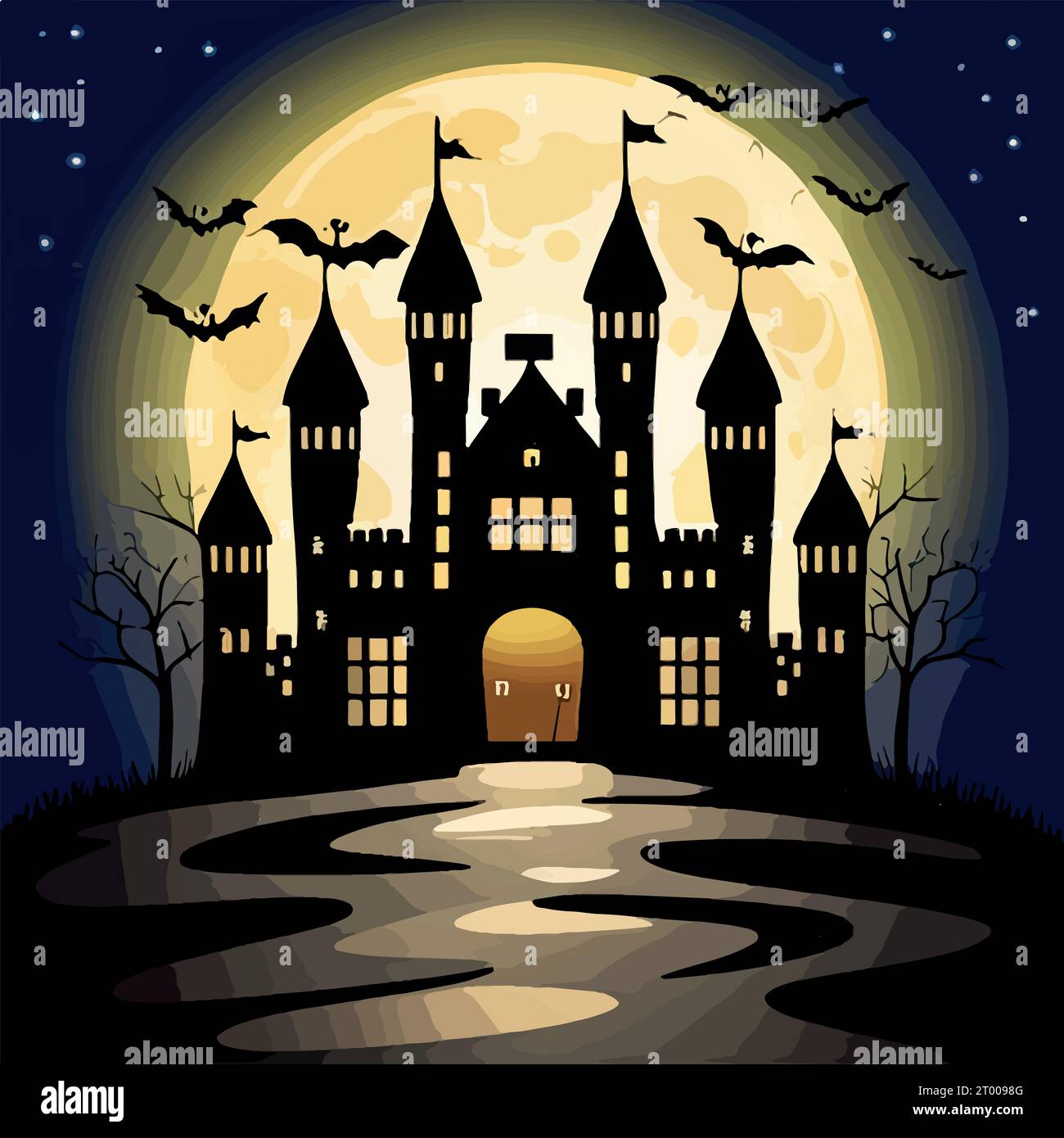 Halloween pumpkins on road and dark castle on blue Moon background with ...
