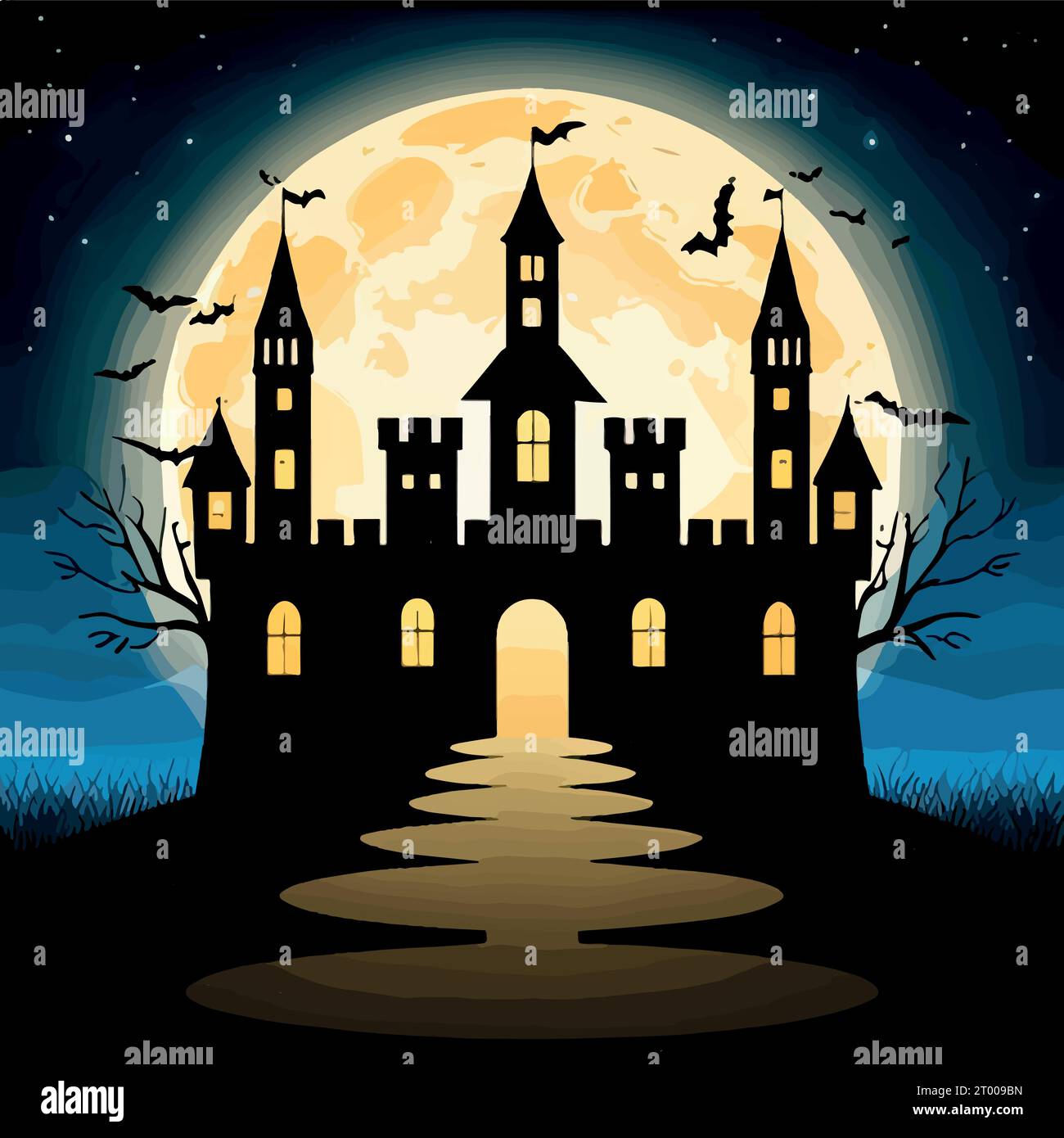 Halloween pumpkins on road and dark castle on blue Moon background with ...