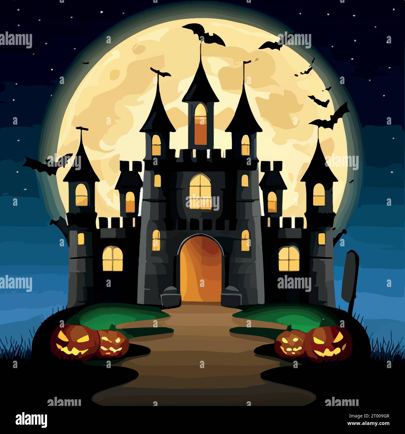 Halloween pumpkins on road and dark castle on blue Moon background with ...
