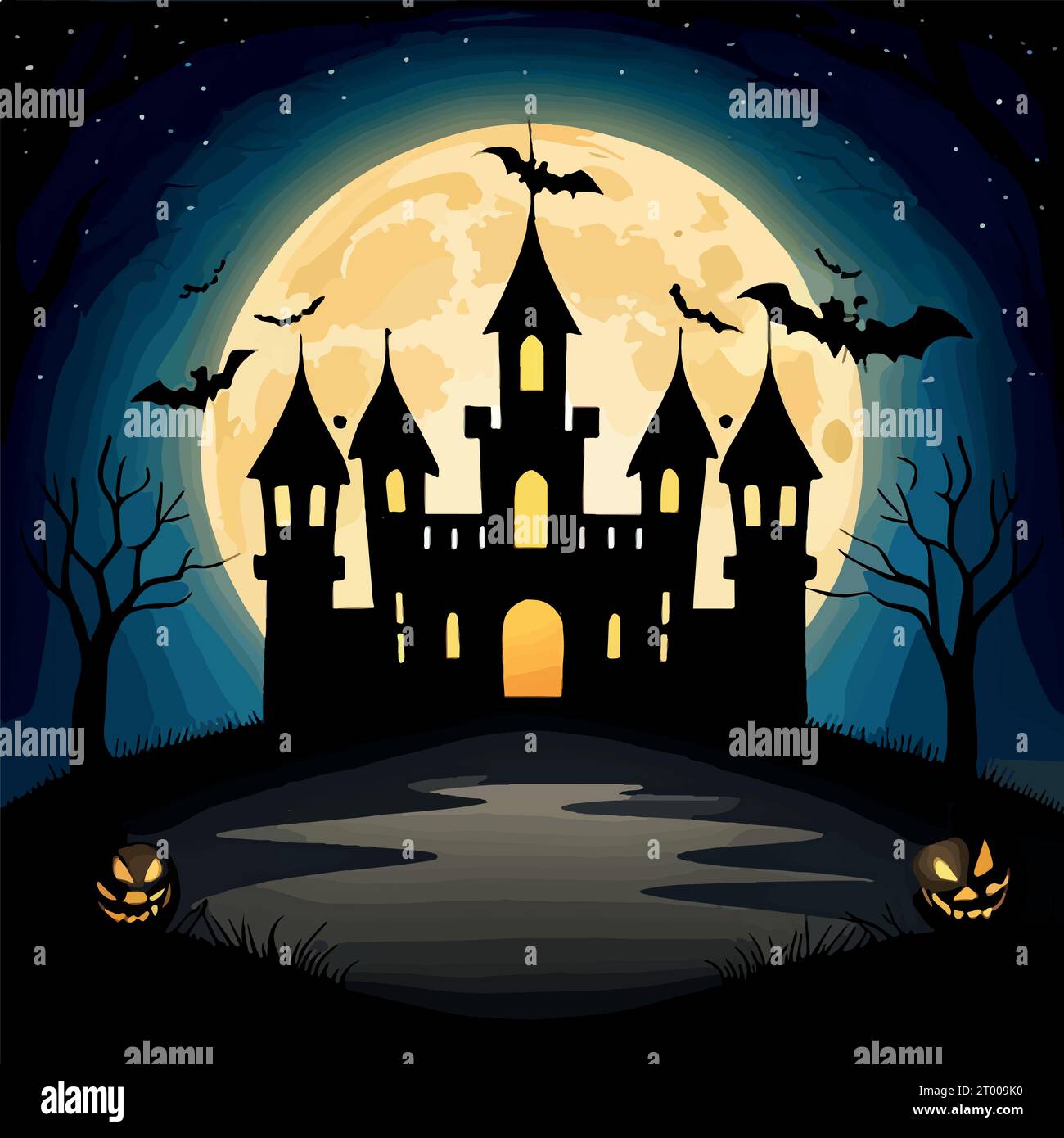 Halloween pumpkins on road and dark castle on blue Moon background with ...