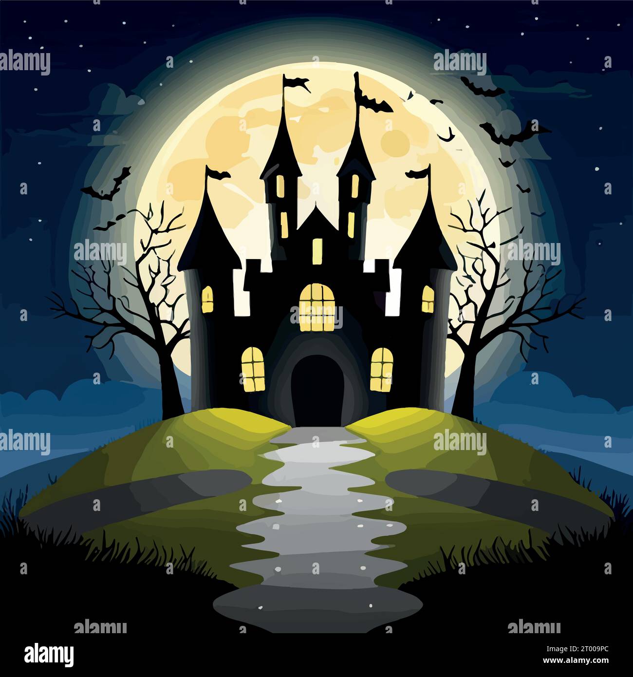 Halloween pumpkins on road and dark castle on blue Moon background with ...