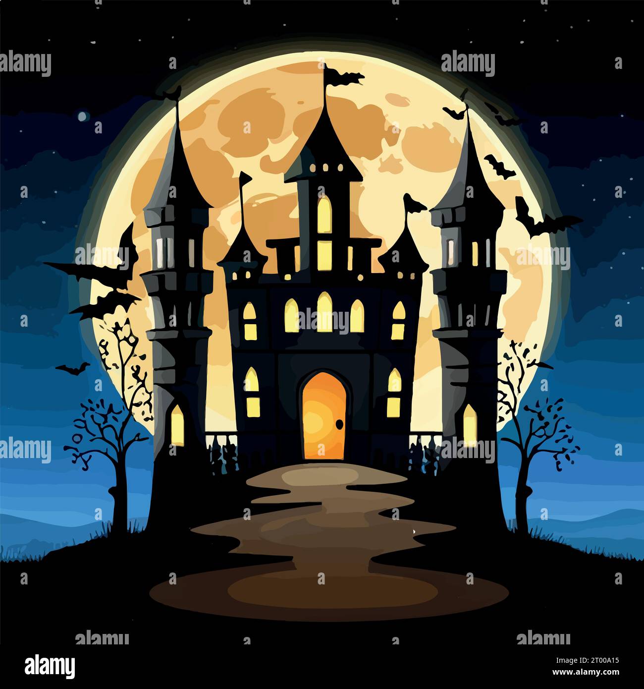 Halloween pumpkins on road and dark castle on blue Moon background with ...