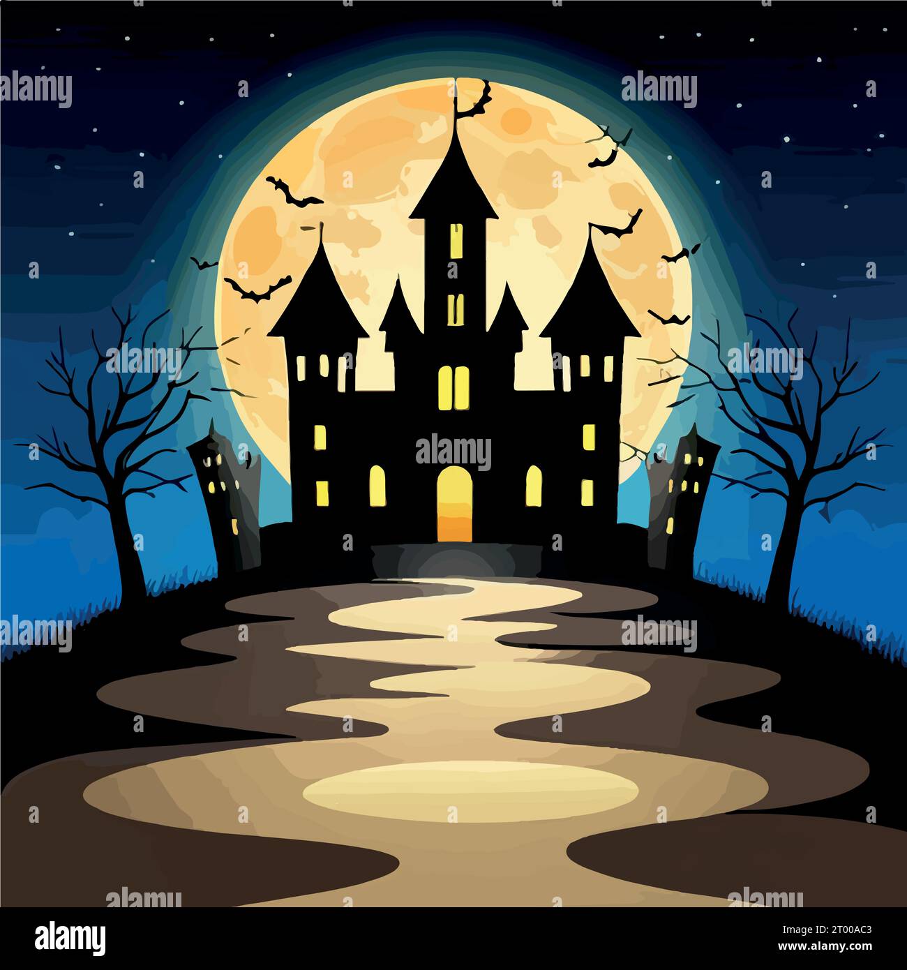 Halloween pumpkins on road and dark castle on blue Moon background with ...
